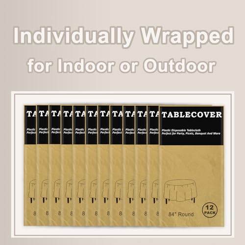 D&Z 12 Pack Gold Disposable Plastic Tablecloth, 84" Round Table Cover - color: Gold, size: 12 Pack 84" Round