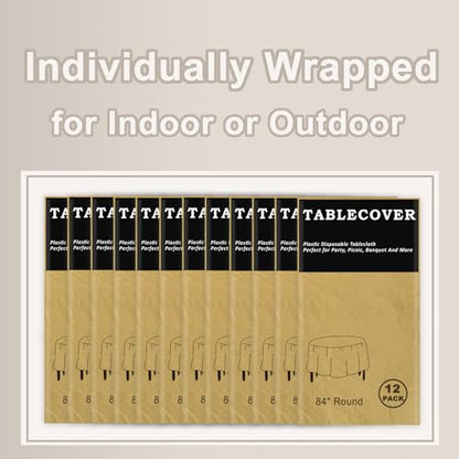 D&Z 12 Pack Gold Disposable Plastic Tablecloth, 84" Round Table Cover - color: Gold, size: 12 Pack 84" Round