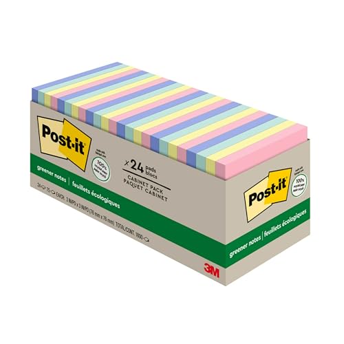 Post-it Greener Notes, 3x3 in, 24 Pads, America's #1 Favorite Sticky Notes, Sweet Sprinkles Collection, Pastel Colors, Clean Removal, 100% Recycled Material (654R-24CP-AP) - size: 7.4" x 3.2"