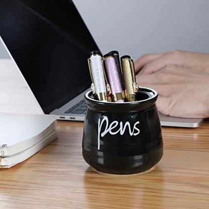 ONTUBE Porcelain Pens Holder Stand ,Ceramic Pencils Holder (Black) | Porcelain, ceramic, pen & pencil holder, sturdy, easy-clean, non-slip, compact, elegant, durable, versatile, white, modern - color: Black