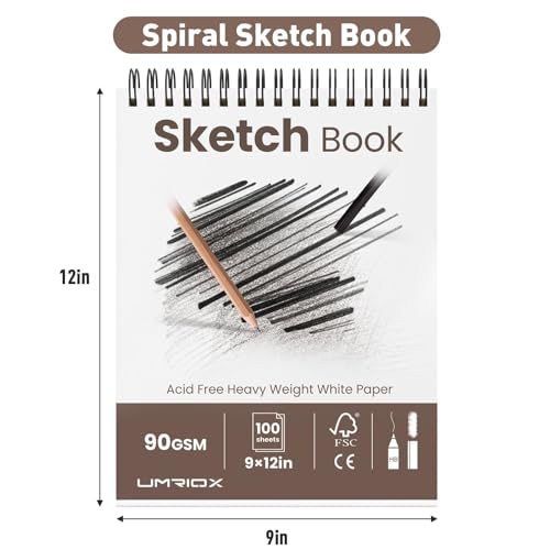Umriox Sketch Pads for Drawing, 9" x 12" Sketchbook, 2-Pack | Acid-Free Drawing Paper, 100 Sheets Each Pad, Spiral Bound, Art Supplies for Artists, Students, School Sketching & Projects - size: 9" x 12"