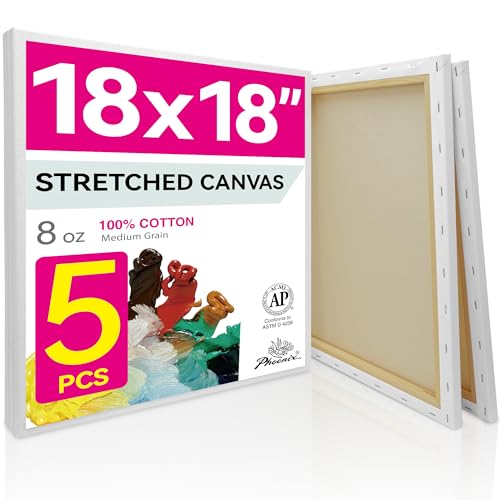 PHOENIX Large Stretched Canvas for Painting 18x18 Inch/5 Value Pack, 8 Oz Triple Primed 5/8 Inch Profile 100% Cotton White Blank Canvas, Square Framed Canvas for Oil Acrylic & Pouring Art - size: 18"x18", style: Studio Set (8 Oz.)