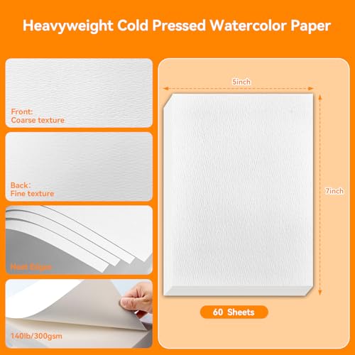 XWT 60 Sheets 5"x7" Watercolor Paper Bulk, 140lb/300gsm - size: 5x7in 60 Sheets