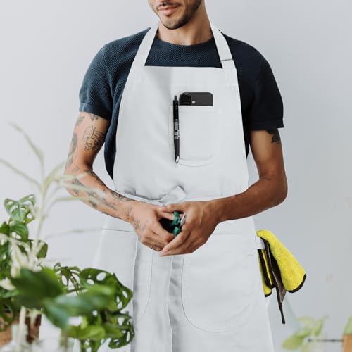 Unisex Apron with Pockets for Cooking, Salon & Art - 100% Cotton Adult Kitchen, Chef, Stylist Apron (White) - color: White