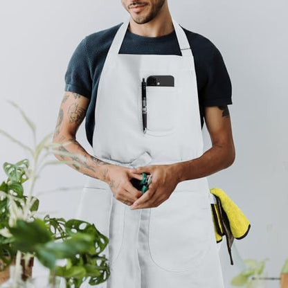 Unisex Apron with Pockets for Cooking, Salon & Art - 100% Cotton Adult Kitchen, Chef, Stylist Apron (White) - color: White