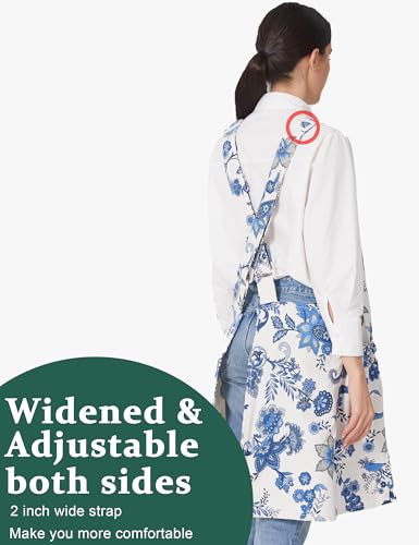 Cozy Adjustable Cross Back Aprons for Women with Pockets Cotton Linen Cooking Kitchen Baking - color: Stranger Blossoms