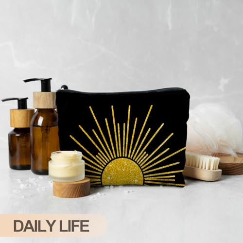 Boho Makeup Bag, Boho Abstract Black and Gold Sun Sunshine Makeup Bags for Women, Boho Gifts for Women, Boho Makeup Pouch Zipper Pouch, Aesthetic Makeup Bag - color: Abstract gold Sunshine