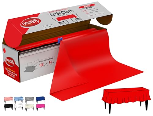 Neatiffy Disposable Plastic Tablecloth Roll | Indoor/Outdoor Table Cloth | Table Cover for Rectangle, Square, Round, Oval Tables | Picnic, Party, Banquet, Birthday, Wedding - 54 in x 108 ft - Red - color: Red