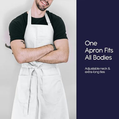 Unisex Apron with Pockets for Cooking, Salon & Art - 100% Cotton Adult Kitchen, Chef, Stylist Apron (White) - color: White