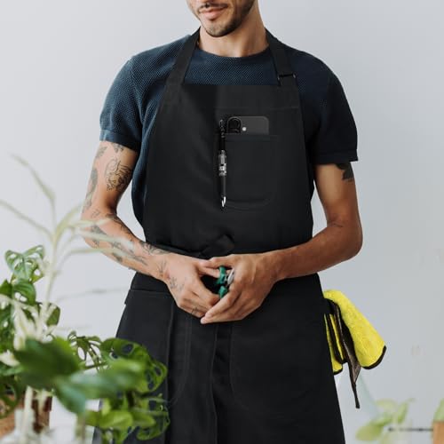 Unisex Apron with Pockets for Cooking, Salon & Art - 100% Cotton Adult Kitchen, Chef, Stylist Apron (Black) - color: Black