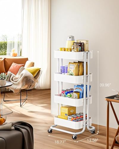 Pipishell 4 Tier Metal Rolling Utility Cart with 2 Lockable Wheels, White | 360° Rotating Wheel, Heavy-Duty Steel, Sturdy Dual Columns, Ventilated Mesh, Hold 22 lbs per Shelf, for Kitchen & Living Room - color: White, size: 4 Tier