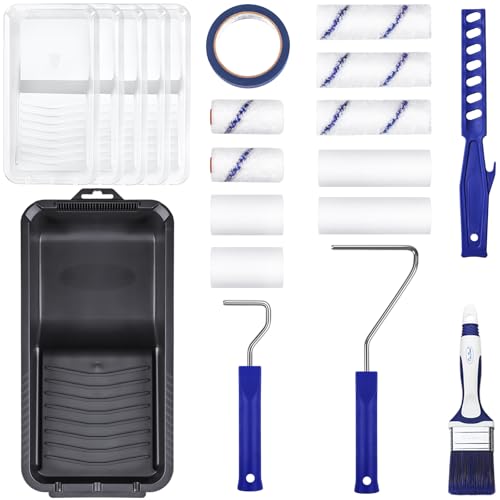 20pcs Small Paint Roller Kit, 4“ 2” Mini Roller Paint Brush | Special Caved-in Edge Foam, Non-shedding Microfiber Rollers, Versatile Paint Tray, Even Painting Walls, Cabinet, Touch ups