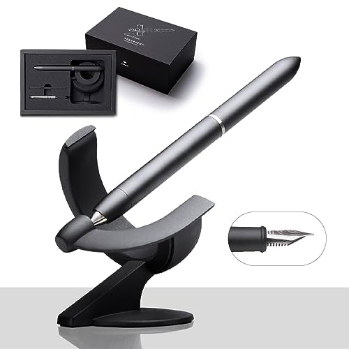 novium Hoverpen Future - Luxury Fountain Pen, Schmidt Nib (Fine), Converter, Extra Refill, Futuristic Aesthetic, Aerospace Metal, Best Pen Gift Set for Men & Women (Deep Black) - color: Deep Black, style: Fountain Pen