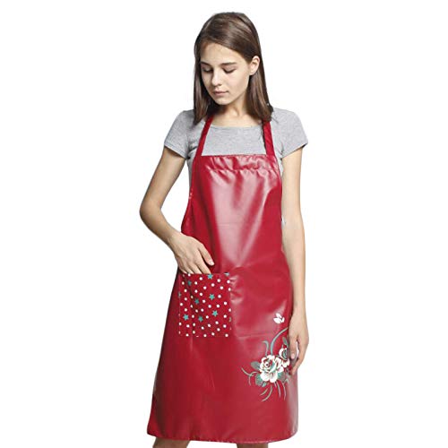 PU Kitchen Oil and Waterproof Aprons for Women with Pocket for Cooking Washing - color: Red