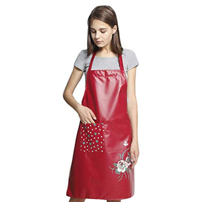 PU Kitchen Oil and Waterproof Aprons for Women with Pocket for Cooking Washing - color: Red