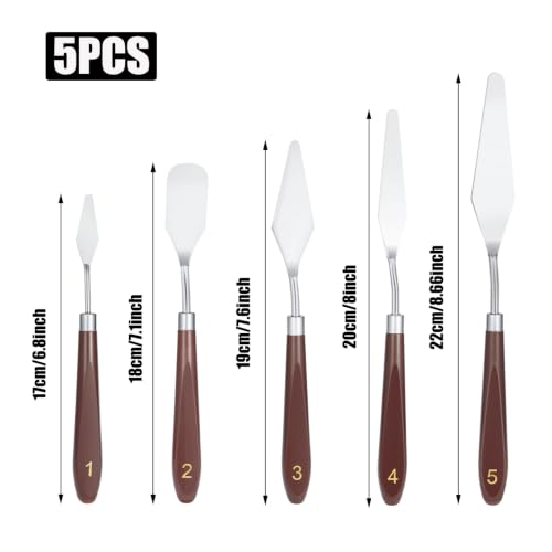 5PCS Stainless Steel Palette Knife Set, 5 Sizes Oil Pastel Tools | 5 versatile sizes for mixing & texturing. Ergonomic handles for comfortable grip. Great for oil, pastel & cake decorating.