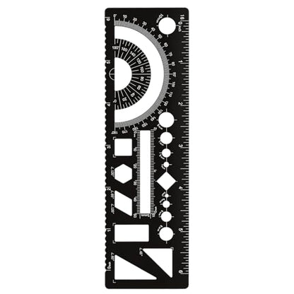 Multifunctional Geometric Ruler 15cm Geometric Drawings Stencils Rulers Aluminum Measuring Template with Protractor Straight Edge and Circle Shapes for Math Projects Black