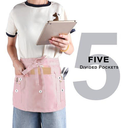 Server Apron with 5 Pockets - Rivet buckle Unisex Short/Half Waiter Waist Short Apron - color: Pink 2 Pack
