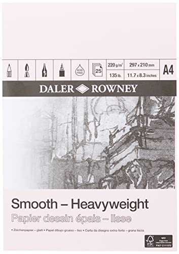 Daler-Rowney Smooth 220gsm A4 Heavyweight Drawing Paper Pad, Glued 1 Side, Acid-Free, 25 Natural White Sheets, Ideal for Professional Artists & Students - size: HEAVYWEIGHT PAD A4 220G 25SH, style: HEAVYWEIGHT PAD A4 220G 25SH