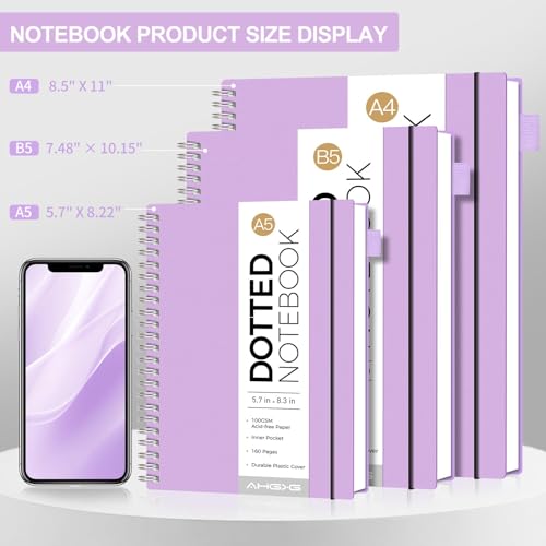 AHGXG Dotted Journal, Grid Spiral Notebook, 160 Pages, A5 (5.7" x 8.3") | 100 GSM Thick Dot Paper, Waterproof Plastic Cover Journals for Journaling, Sketching (Purple) - color: Purple, style: A5-Dotted