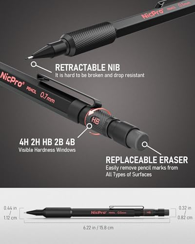 Nicpro 0.5 mm & 0.7 mm Metal Mechanical Pencil Set with Case, 2 PCS | Heavy Duty Lead Pencil + 6 Tube HB 2B Lead Refill, Eraser, Weatherproof Metal Barrel for Outdoor Writing Drafting Drawing - size: 0.5mm & 0.7mm