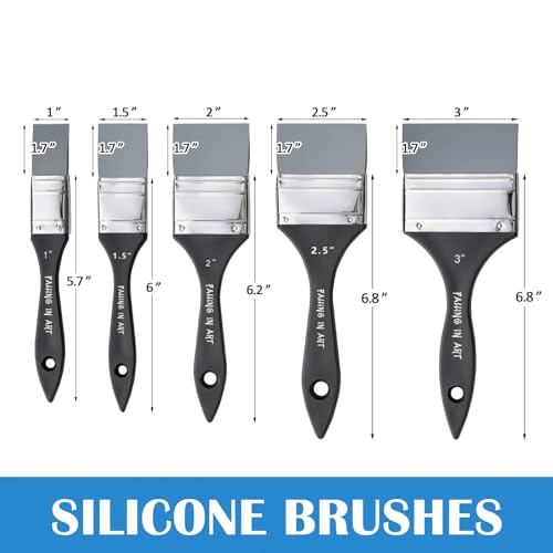 Falling in Art 5Pcs Silicone Paint Brush Set, Flat Shaped Painting Tool - size: 1''&1.5''&2''&2.5''&3''