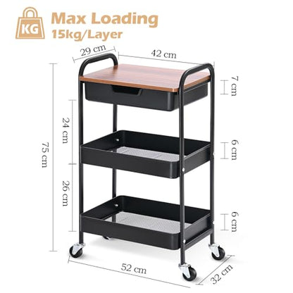 TOOLF 3-Tier Utility Rolling Cart with Wooden Board and Drawer, Metal Storage Cart with Handle, Black Trolley Kitchen Organizer Rolling Desk with Locking Wheels for Office, Classroom, Home, Bedroom - color: Black
