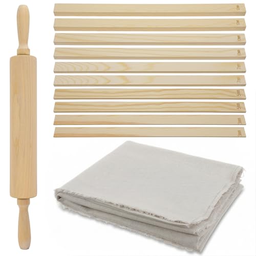 PercyEffie 12 Pcs Pottery Tools Set with 10 Thickness Rolling Guides (3,5,7,10,12mm), 1 Wood Clay Roller & 1 Linen Tablecloth (1m x 1.5m, Natural Wood)