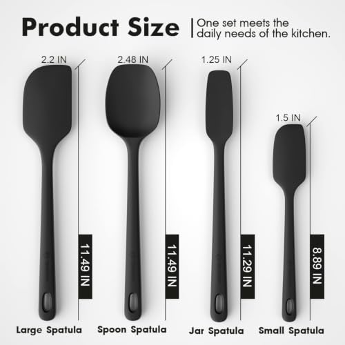 ChefAide 4 Pieces Silicone Spatula Set, Food Grade Rubber Spatula, Upgrade Strong Handle with Ergonomic Grip, Heat Resistant Up to 600°F for Nonstick Cookware, Cooking Baking Mixing, Black (SP4) - color: Black, size: 4 pieces