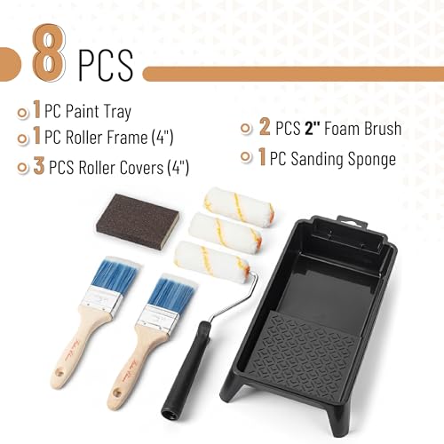 Bates- 4 Inch Paint Roller Kit, 8 pcs, 1x Plastic Paint Tray, 1x Roller Frame 4", 3X Microfiber Covers 4", 2X Flat Brushes 2", 1x Sanding Sponge
