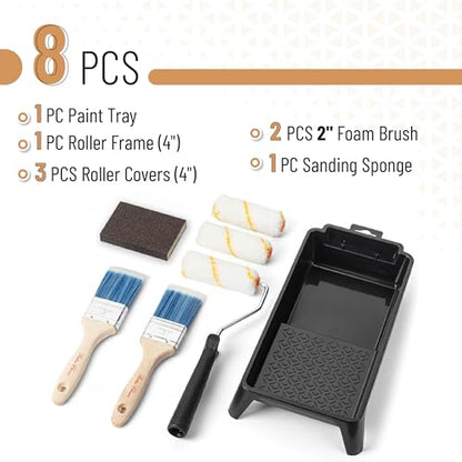 Bates- 4 Inch Paint Roller Kit, 8 pcs, 1x Plastic Paint Tray, 1x Roller Frame 4", 3X Microfiber Covers 4", 2X Flat Brushes 2", 1x Sanding Sponge