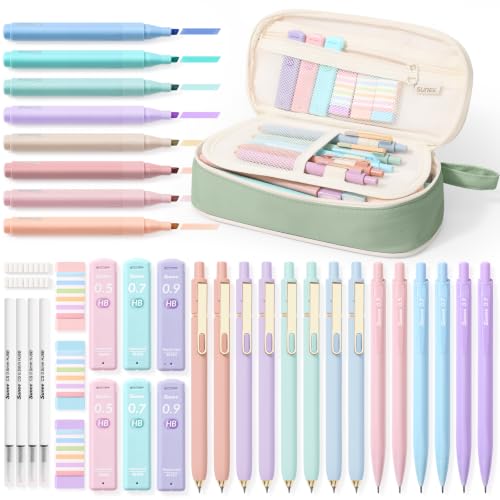SUNEE Pencil Case with Supplies, 54PCS Aesthetic Stationery Set with 8 Pastel Highlighters, 8 Gel Pens Black Ink, 6 Mechanical Pencils, Back to School, College Essentials for Students, Green - color: Green, style: 54 Pack