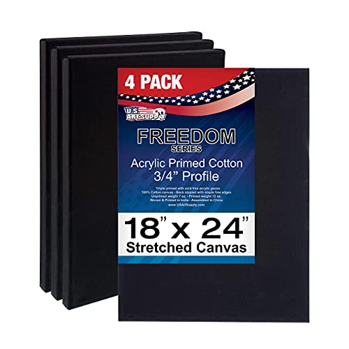 U.S. Art Supply 18 x 24 inch Black Stretched Canvas 12-Ounce Primed, 4-Pack - Professional Artist Quality 3/4" Profile, 100% Cotton, Heavy-Weight, Gesso - Painting, Acrylic Pouring, Oil Paint - size: 18" x 24"