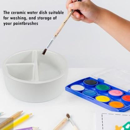 Ceramic Brush Wash Bowl,Mixing Tray,3 Slot Palette,Porcelain Watercolor Painting Dish for Painting, White
