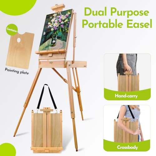 CONDA Large Wooden French Easel and Sketchbox Easel, Adjustable Tripod Easel Stand with Drawer and Palette for Artist, hobbyists, Professionals, Ideal Easel for Painting, Sketching, and Display - color: Gold