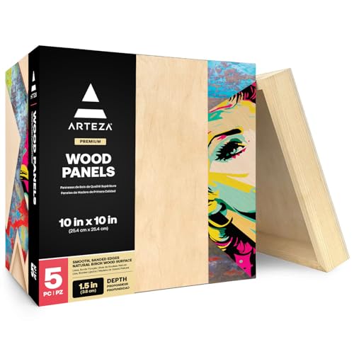 ARTEZA Wood Canvas Boards, 10 x 10 Inches, Pack of 5, Birch Wood, Wooden Panels for Acrylic and Oil Painting, Wood Burning, Crafting - size: 10x10 Inch