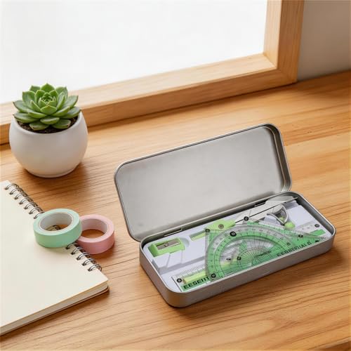 Compass Geometry Tool 9 Pcs Protractor and Compass Set Geometry Set Drawing Compass with Shatterproof Storage Box Includes Rulers Protractor Compass Eraser Pencil Sharpener Green