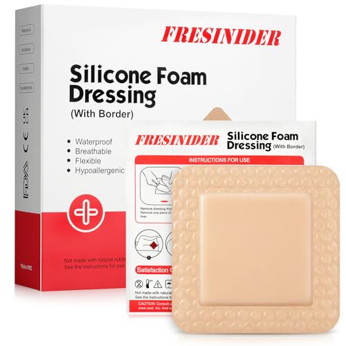 FRESINIDER Silicone Foam Dressing with Adhesive Border – Wound Dressing Bandage – Silicone Foam Pad – Pack of 10 – 3 x 3 Inches Large Waterproof Bandages – Self Adhesive Wound Care and Dressings - size: 3" x 3", 10 Pack