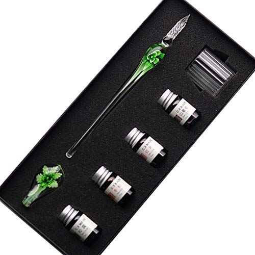 Crystal Glass Intarsia Dip Pen Fountain Pen Kit Vintage Calligraphy Signatures Pen with 4 Colors Ink, Pen Holder, Cleaning Cup, Green - color: green