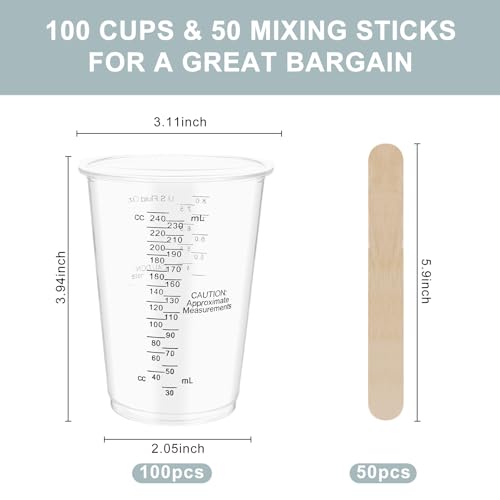 100-Pack Mixing Cups Set Paint Mixing Cups 8 oz with 100 Wooden Sticks,Plastic Measuring Cups for Mixing Paint, Pigments, Epoxy Resins, Resins - size: 100P-8OZ