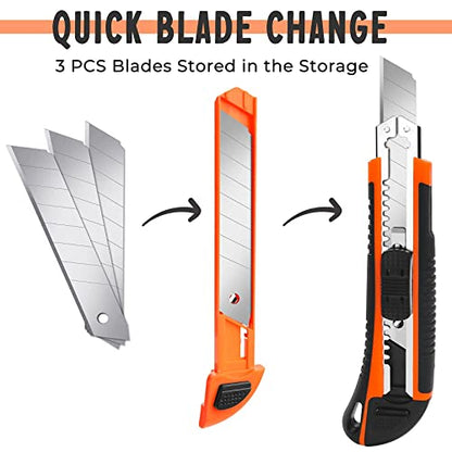 3Pack Box Cutter Retractable, Snap Off Utility Knife, Razor Knife - color: Multicolor