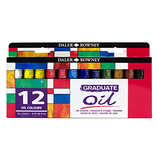 Daler Rowney Graduate Oil Paint Set, 12 Assorted Colors in 22mL Tubes - High Lightfastness, Painting Supplies Ideal for Artists, Students, and Hobbyists - size: 0.74 Fl Oz (Pack of 12)