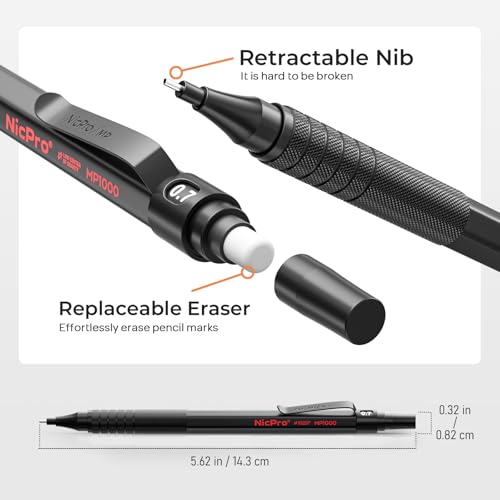 Nicpro 2 PCS Mechanical Pencil 0.5mm & 0.7 mm with Case | MP1000 Metal Artist Pencil Set with 4 Tubes HB Lead Refills, 2 Erasers, 9 Eraser Refills For Writing Drafting, Sketch, Black - color: Black