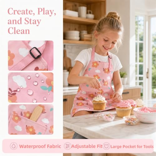 Kids Apron for Cooking, Toddler Apron with Pocket, Girls Boys Apron - color: Pink, size: Small