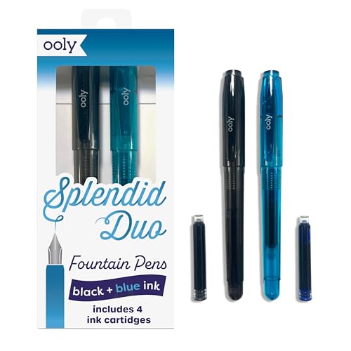 Ooly Splendid Duo Fountain Pens, Set of 2, Black & Blue | Ages 12+, Includes 4 Ink Cartridges, Fine Tip for Calligraphy and Writing, Fountain Pen School Supplies for Kids and Adults - style: Black & Blue Set (2 Pens, Catridges)