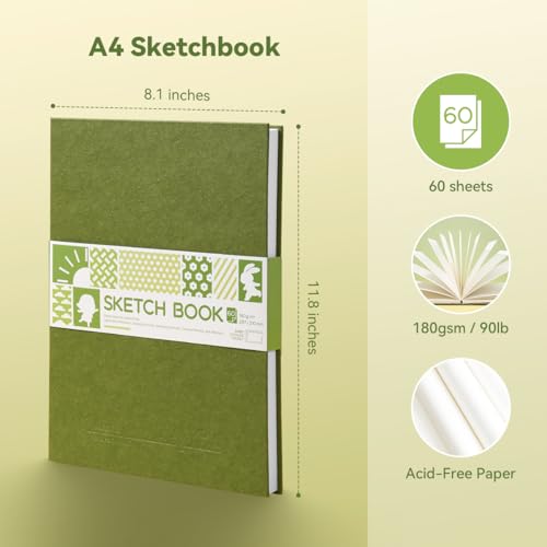 Arrtx A4 Sketchbook, Lay Flat Hardcover Sketch Book(120 Pages) 180GSM/90lb, Acid-Free Art Sketchbook for Artist, Students and Beginners - size: A4