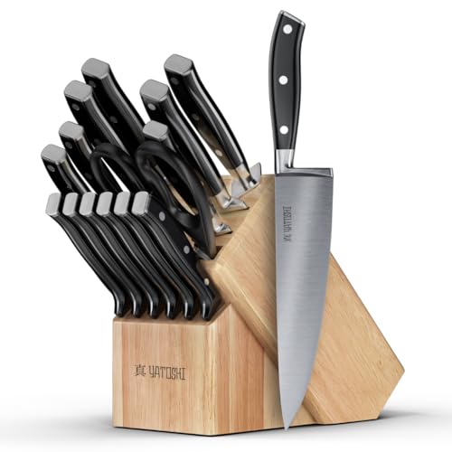Yatoshi 15 Piece Black Knife Block Set - Pro Kitchen Knife Set Ultra Sharp High Carbon Stainless Steel with Ergonomic Handle - color: Black, size: 15-Piece