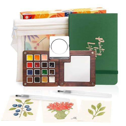 Mini Watercolor Paint Set - 15 Color Travel Watercolor Kit, Pocket Watercolor Paint Palette Set with Watercolor Book, Binder Clips, Pens, Storage Bag, Wooden Paint Box for Painters Artists Student - color: Green
