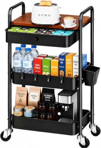 Rolling Cart with Drawers and Wood Table Top, 3 Tier Metal Black Art Carts Organizer on Wheels, Three Tiered Small Coffee Cart, Utility Storage Cart for Bedside, Baby Diaper, Snack, Craft, Book, Nail - color: Black, size: with Table top and Drawers