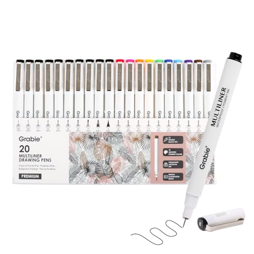 Grabie Micro Fineliner Pens, Set of 20 Multicolor Waterproof Drawing Pens | Waterproof Pigment Ink, Assorted Tip Sizes, Precision Fine Lines, Metal-Clad Nibs, Smooth Ink Flow, Smudge Resistant - color: 20-Multicolor